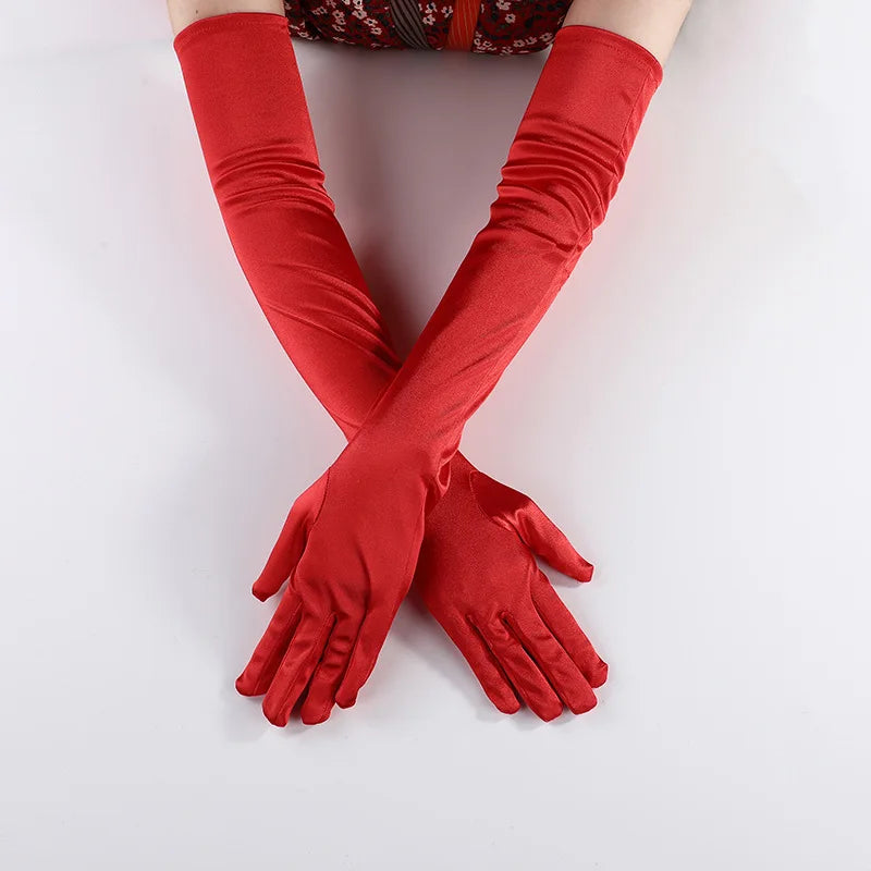 New Classic Adult Black White Red Skin Opera/Elbow/Wrist Stretch Satin Finger Long Gloves Women Flapper Gloves Matching Costume