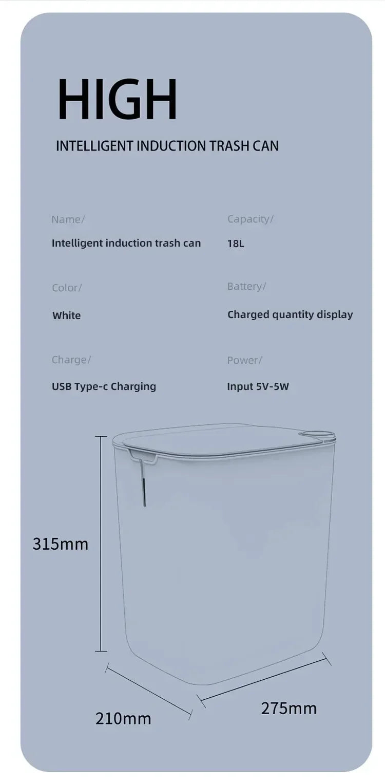 18L Smart Sensing Trash Can Smart Sensor Trash Bin with Display Type-C Recharging Automatic Wastebin Kitchen Toilet Wastebasket