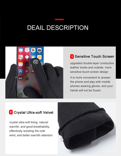 Men's Waterproof Winter Gloves - Touchscreen, Warm Plus Velvet Lining, Motorcycle, Sports, Running, and Ski Gloves