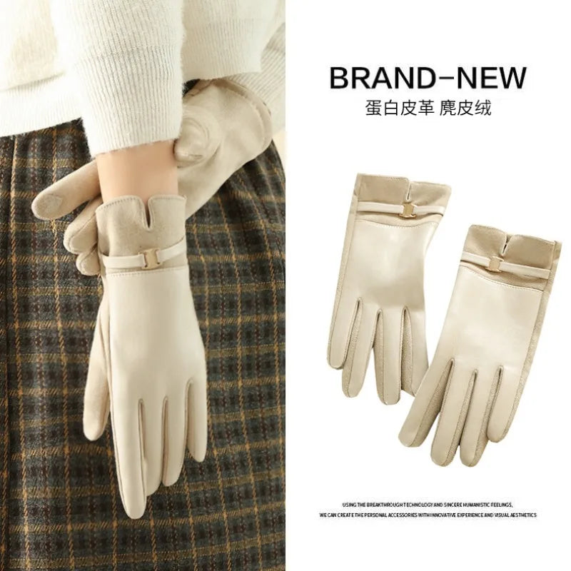 Women Winter Suede Leather Keep Warm Touch Screen Fashion Elegant Gloves Business Style Lightly Waterproof Metal Buckle