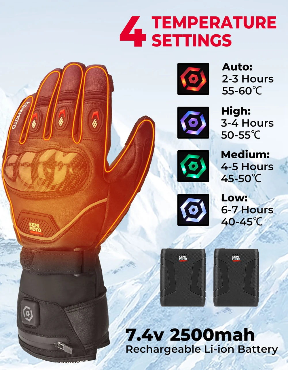 KEMIMOTO Heated Gloves Motorcycle Winter Moto Heated Gloves Warm Waterproof Rechargeable Heating Thermal Gloves For Snowmobile