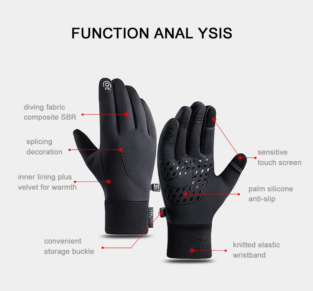 Men's Waterproof Winter Gloves - Touchscreen, Warm Plus Velvet Lining, Motorcycle, Sports, Running, and Ski Gloves