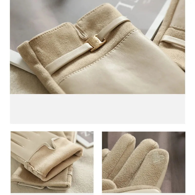 Women Winter Suede Leather Keep Warm Touch Screen Fashion Elegant Gloves Business Style Lightly Waterproof Metal Buckle